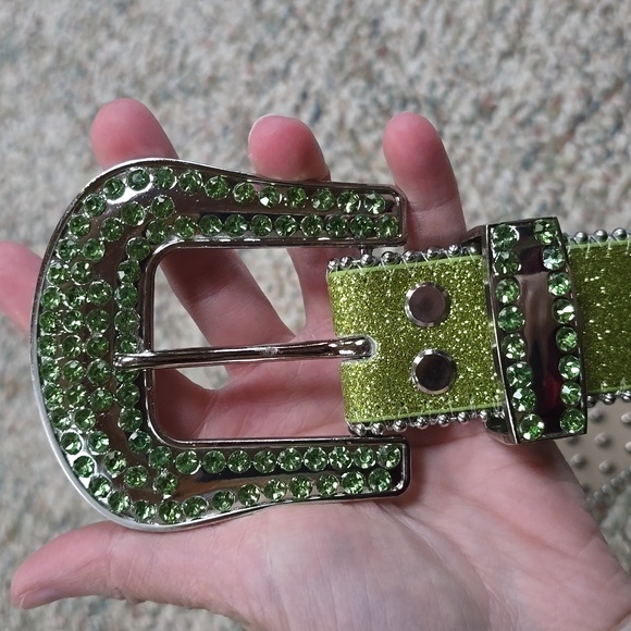 Green Sparkly Glitter Rhinestone Western Belt Men Women Large 50" New - Picture 4 of 6